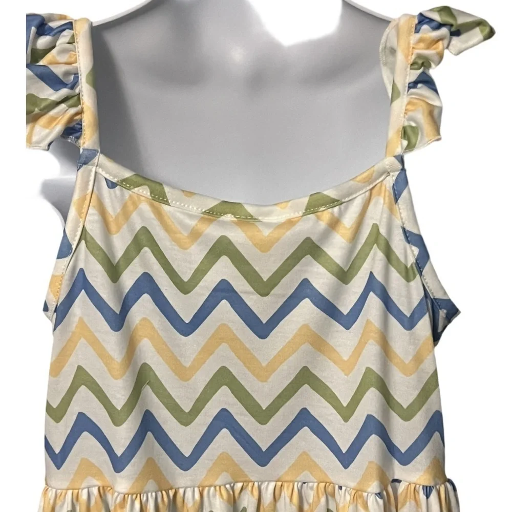 Chevron Patterned Blue White Green and Yellow Ruffle Tank Dress NWOT Boutique